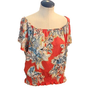 Womens Hot Kiss Red floral on or off shoulder floral top size 1X.